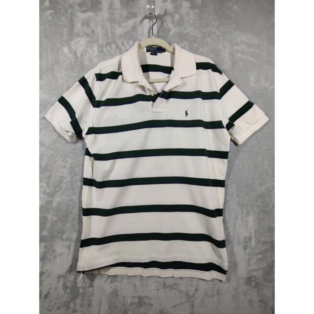 Polo Ralph Lauren Mens Large White Green Striped Pique Short Sleeve Polo Shirt‎